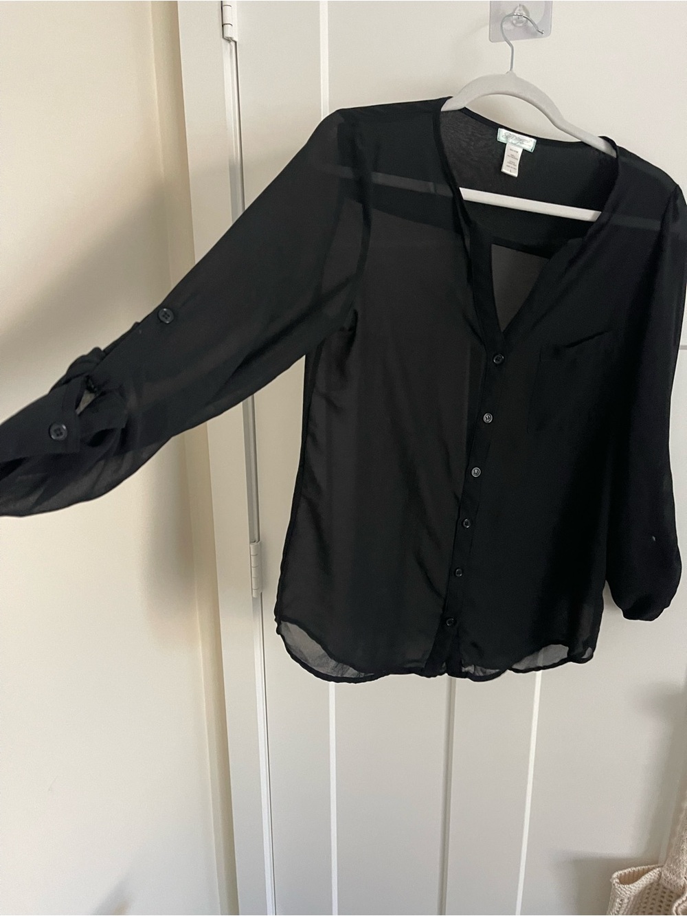 Women’s Black Sheer Button-Front Blouse with Roll-Tab Sleeves